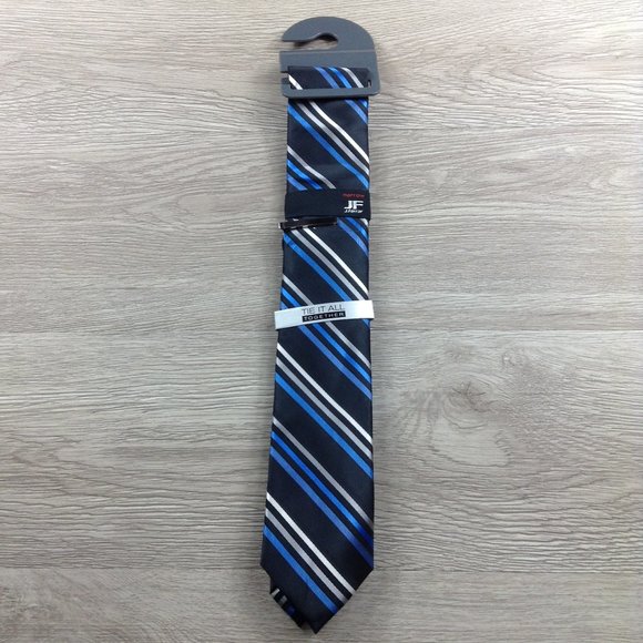 JF J. Ferrar Blue Striped Narrow Tie w/Silver Clip - Picture 1 of 3